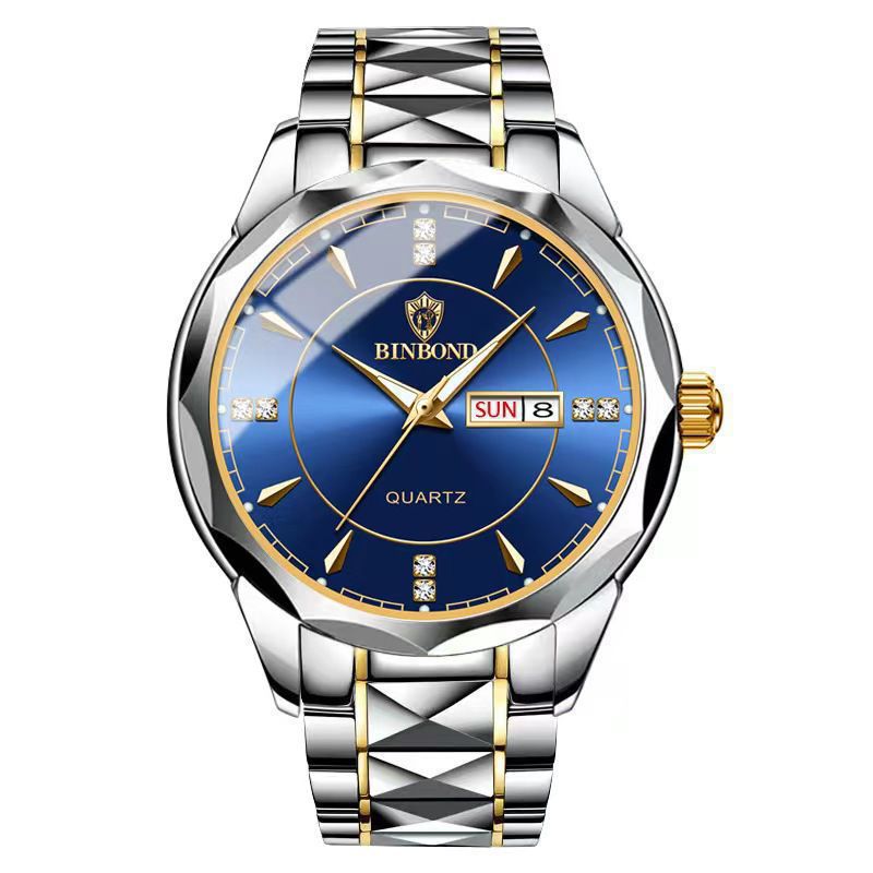 BINBOND Men’s Quartz Watch – Blue Dial with Silver & Gold Bracelet