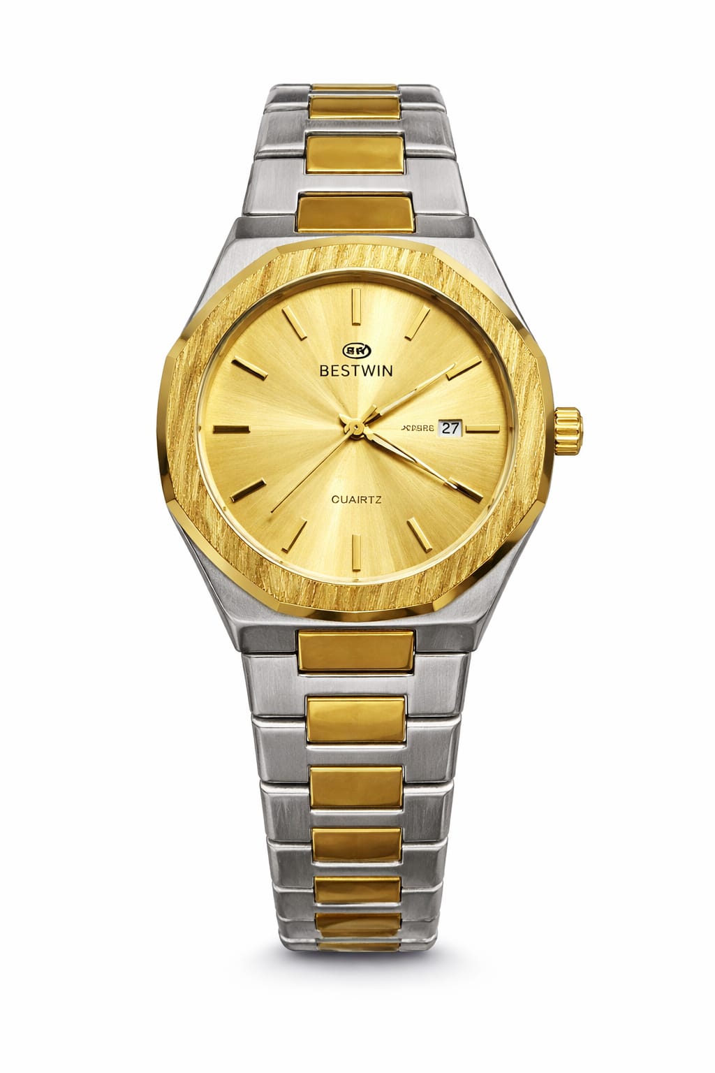 BESTWIN Two-Tone Luxury Quartz Watch for Men – Gold Sunburst Dial with Date Display