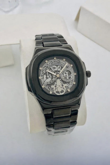 Black Luxury Skeleton-Style Watch – Full Black Edition
