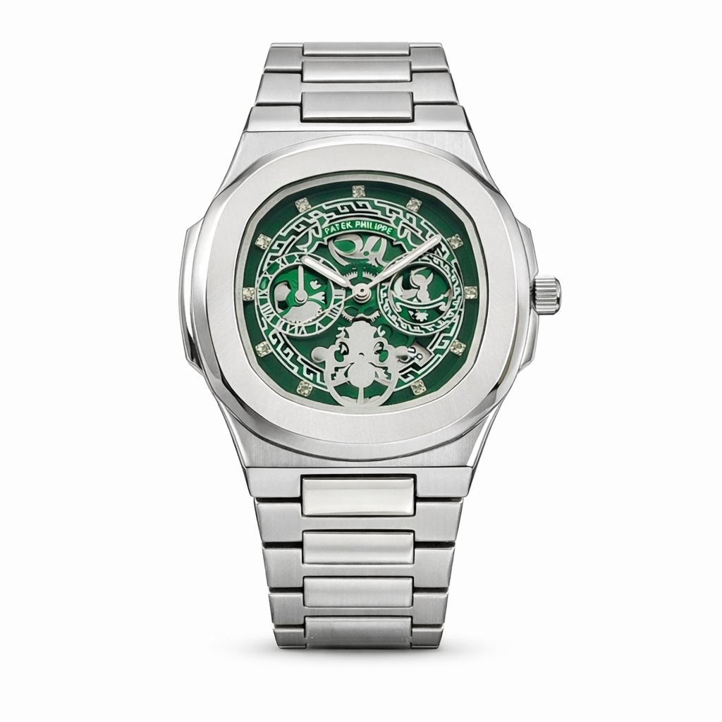 Luxury Skeleton-Style Watch – Silver Case with Green Dial