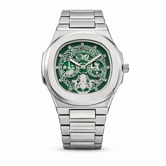 Luxury Skeleton-Style Watch – Silver Case with Green Dial