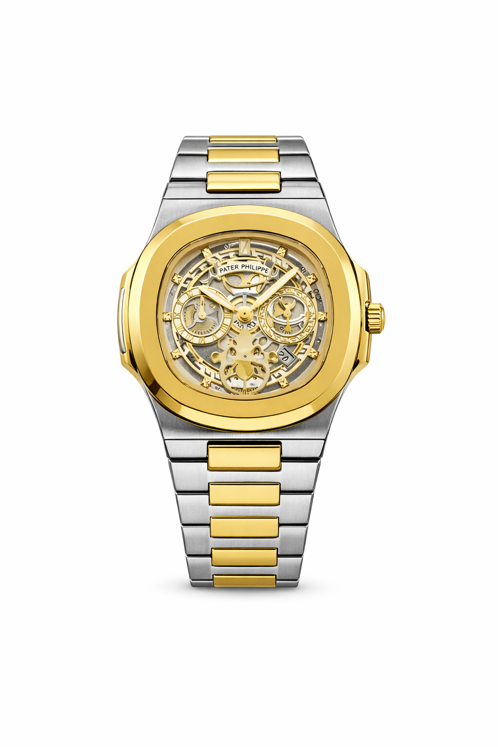Two-Tone Luxury Skeleton Watch – Gold & Silver