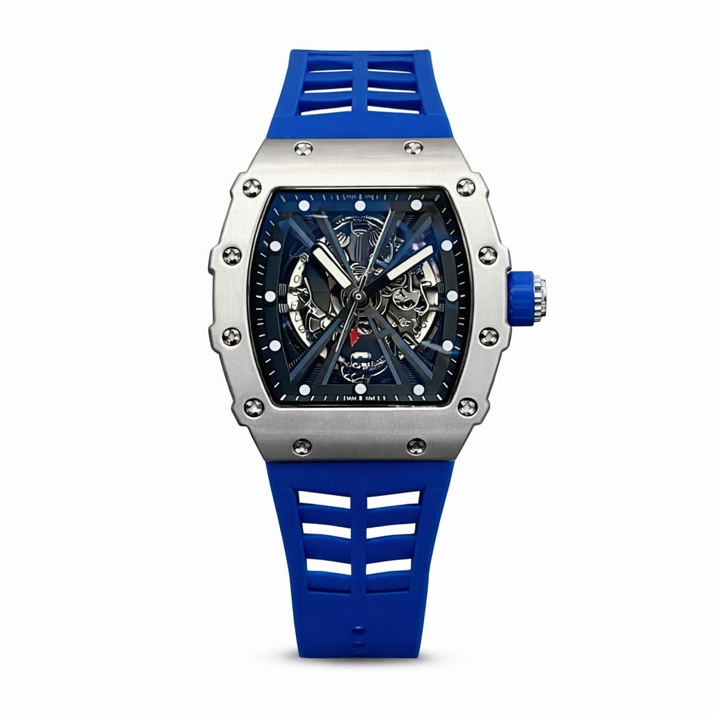 Men’s Sport Luxury Skeleton Watch – Silver & Blue Edition