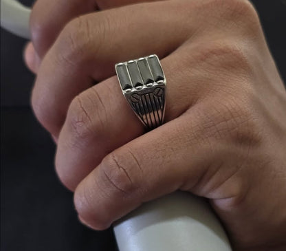 Triple Black Stone Silver Ring – Bold Men's Luxury Statement Band