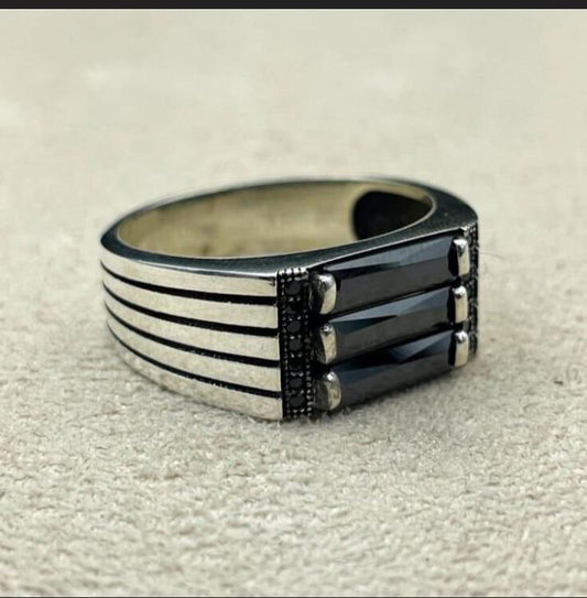Triple Black Stone Silver Ring – Bold Men's Luxury Statement Band