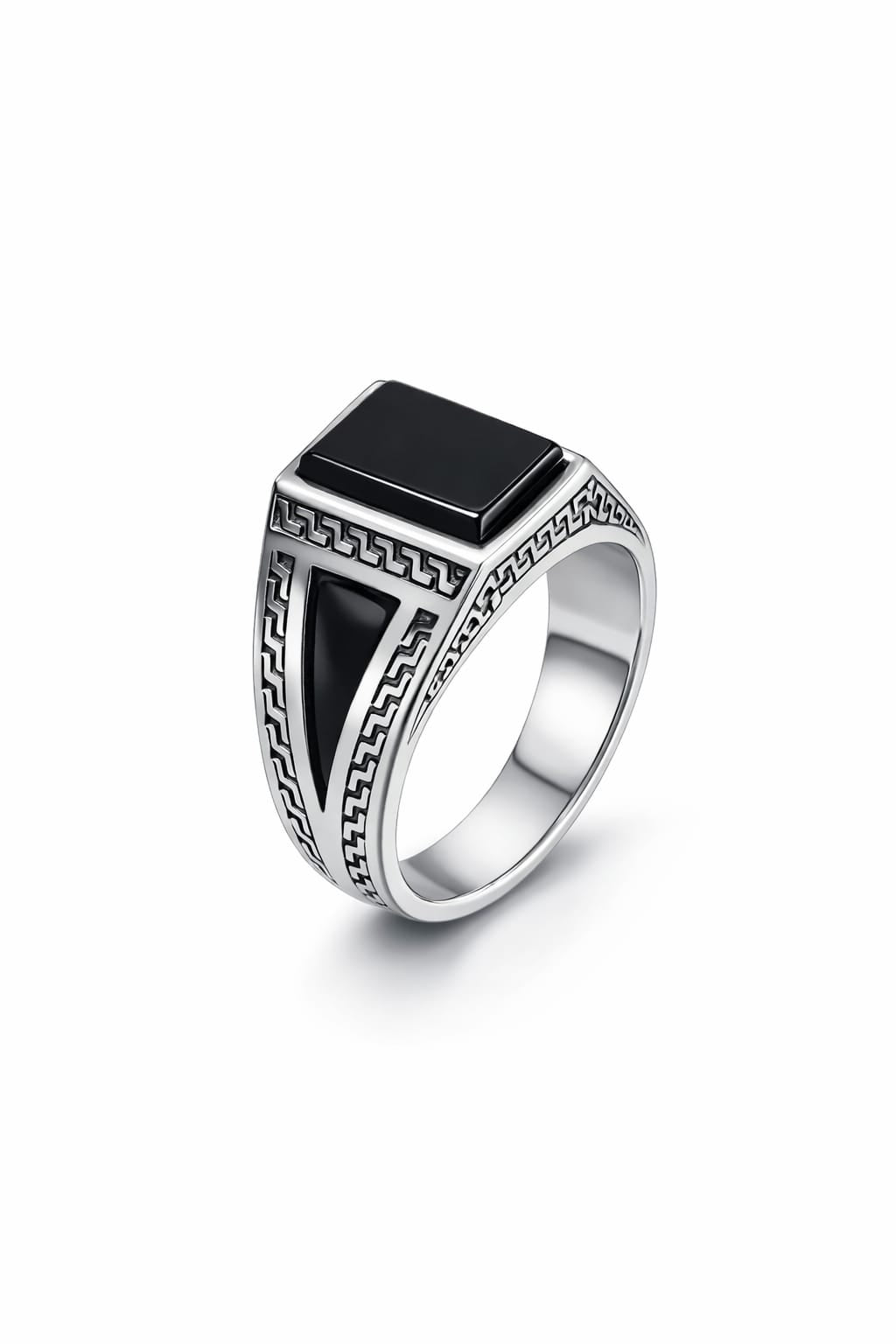 Elegant Black Stone Geometric Silver Ring – Premium Men's Statement Ring
