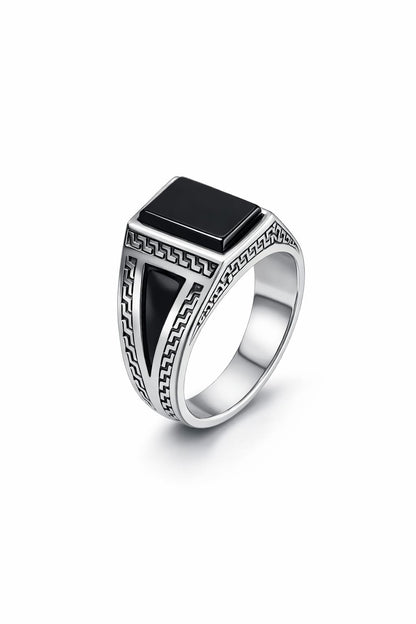 Elegant Black Stone Geometric Silver Ring – Premium Men's Statement Ring