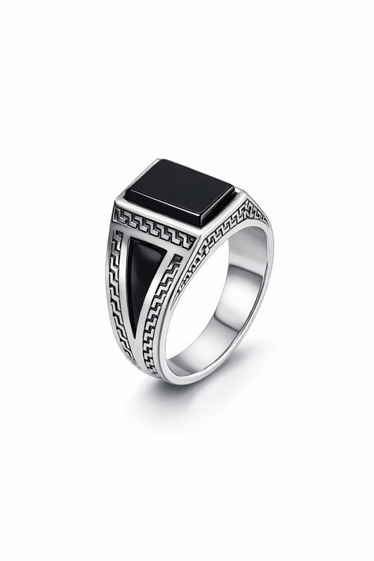 Elegant Black Stone Geometric Silver Ring – Premium Men's Statement Ring