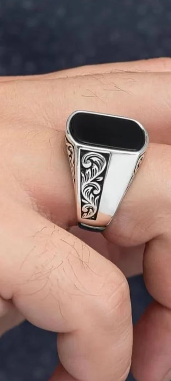 Royal Black Stone Silver Signet Ring for Men