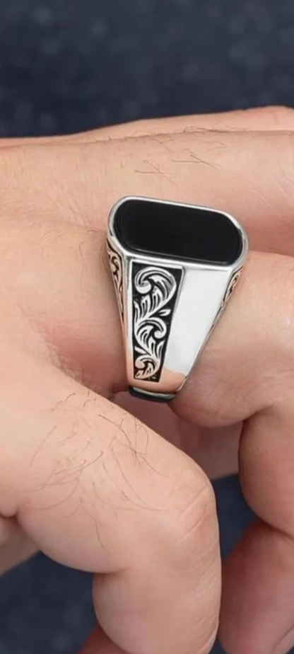 Royal Black Stone Silver Signet Ring for Men