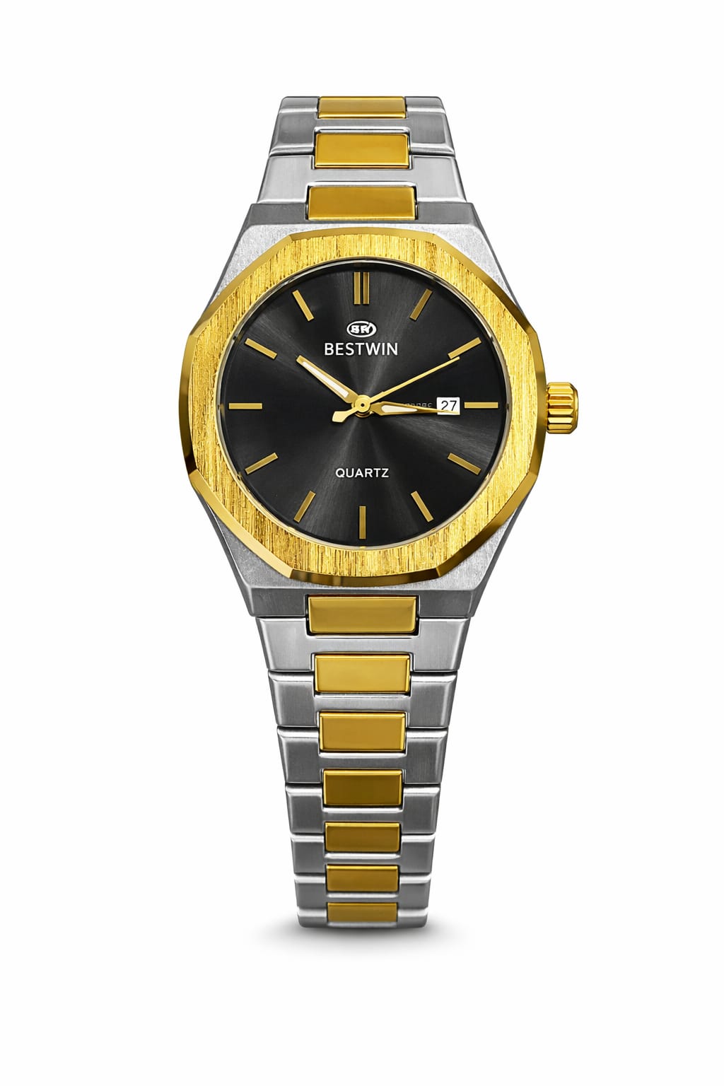 BESTWIN Two-Tone Luxury Quartz Watch for Men – Black Dial with Date Display