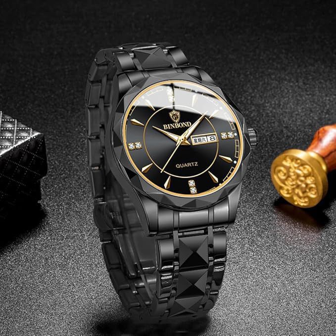 BINBOND Luxury Quartz Watch – Black & Gold Edition