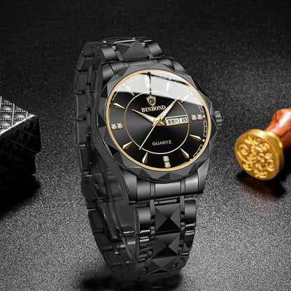 BINBOND Luxury Quartz Watch – Black & Gold Edition