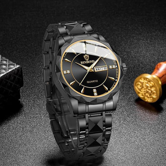 BINBOND Luxury Quartz Watch – Black & Gold Edition