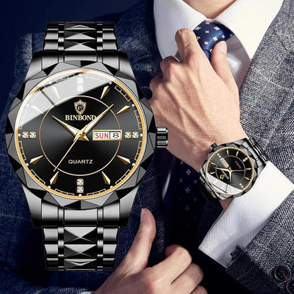 BINBOND Luxury Quartz Watch – Black & Gold Edition