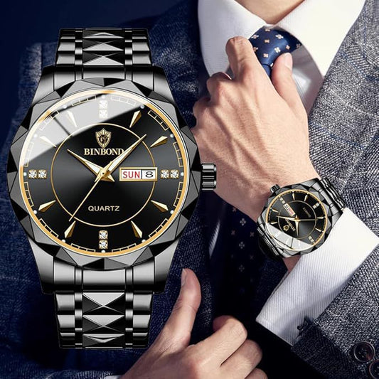 BINBOND Luxury Quartz Watch – Black & Gold Edition