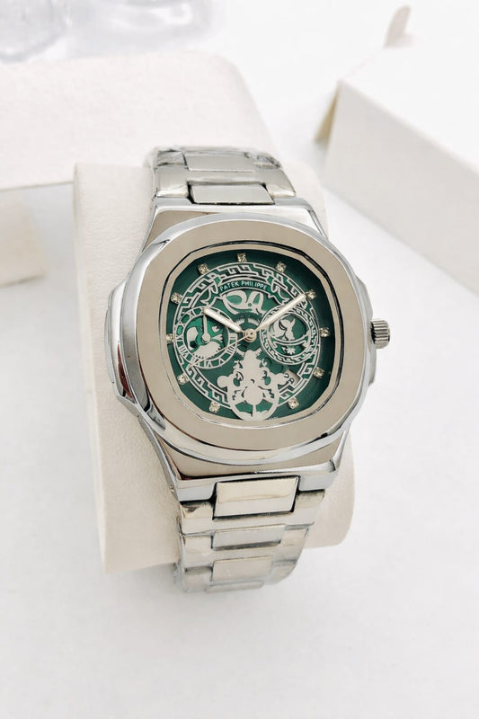Luxury Skeleton-Style Watch – Silver Case with Green Dial