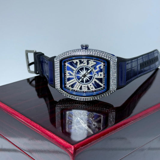 Luxury Diamond-Style Square Dial Men’s Watch – Blue Edition