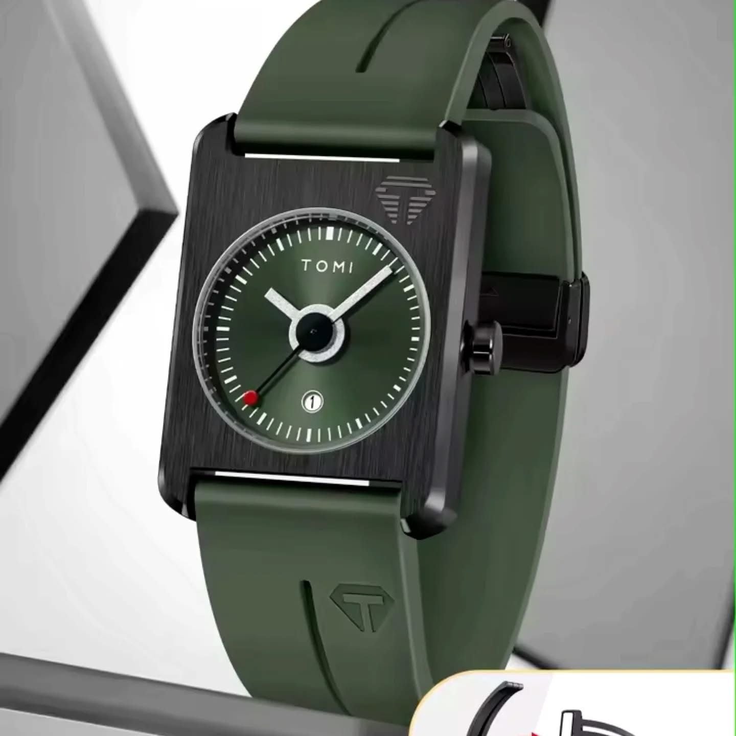 TOMI Minimalist Square Quartz Watch – Green Edition