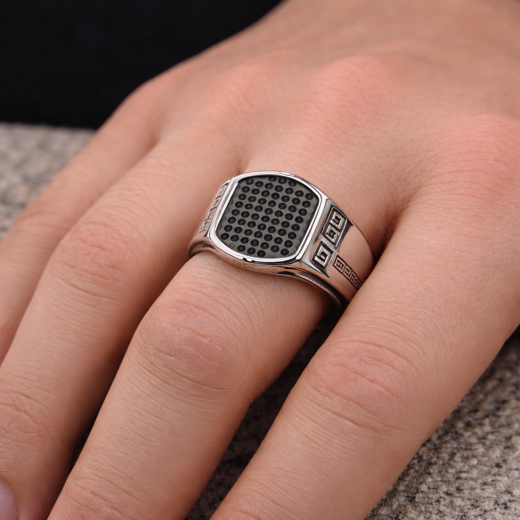 Luxury Black Honeycomb Signet Ring for Men