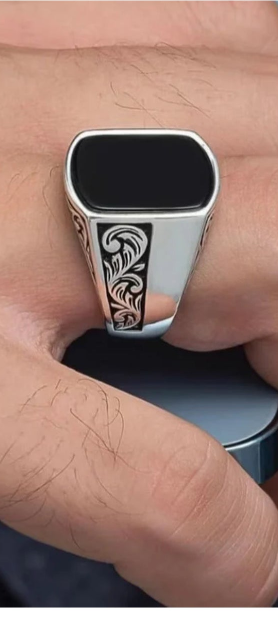 Royal Black Stone Silver Signet Ring for Men