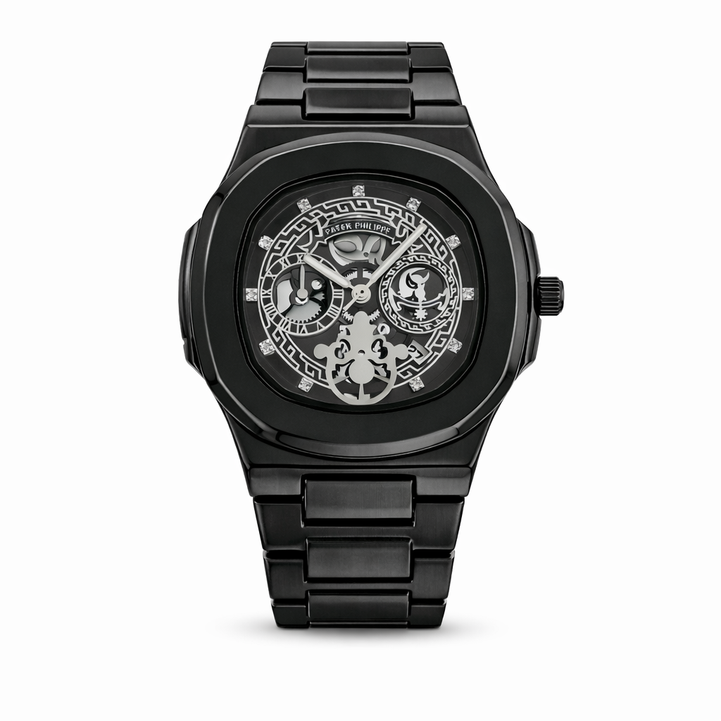 Black Luxury Skeleton-Style Watch – Full Black Edition