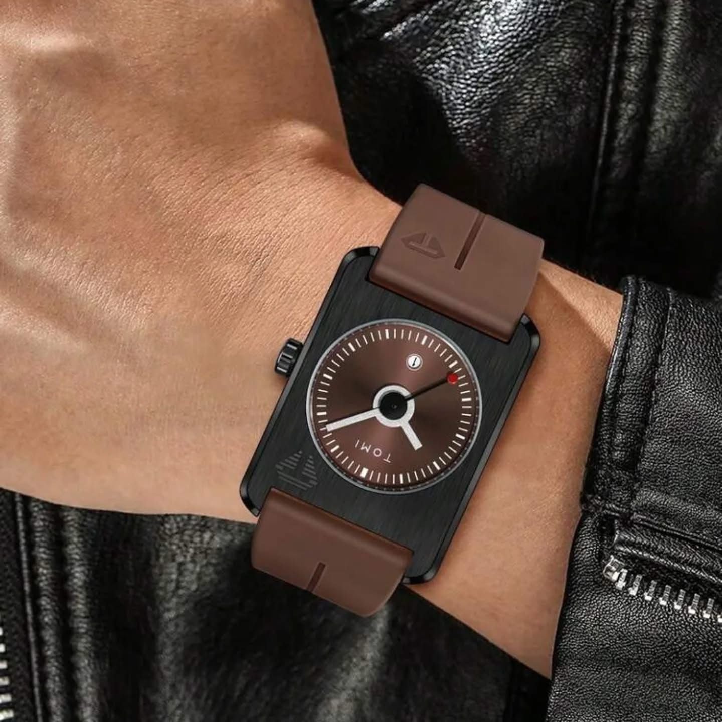 TOMI Minimalist Square Dial Watch – Brown Edition