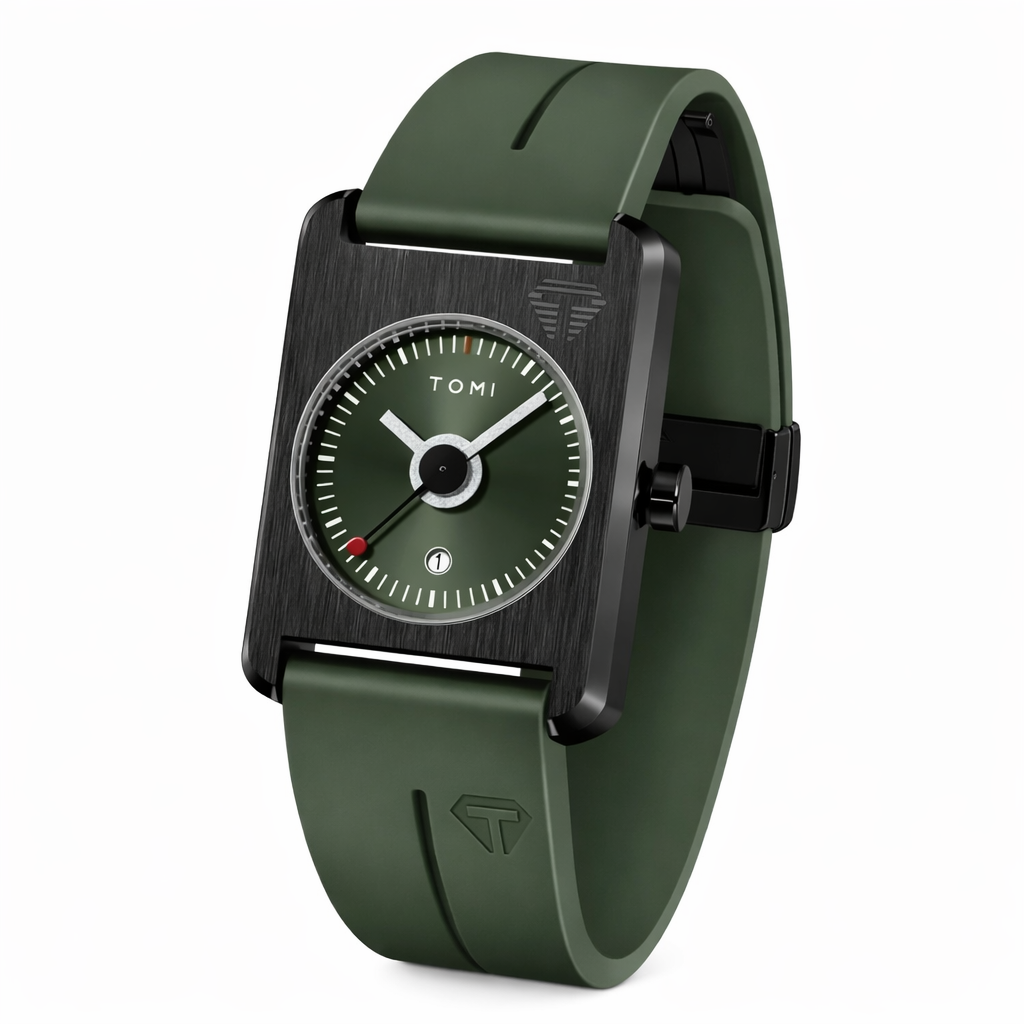 TOMI Minimalist Square Quartz Watch – Green Edition