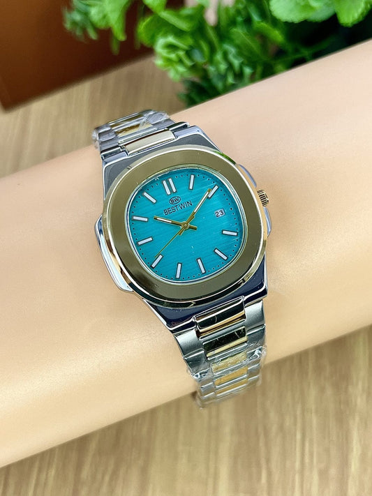 BEST WIN Luxury Two-Tone Stainless Steel Quartz Watch – Blue Dial (Men)