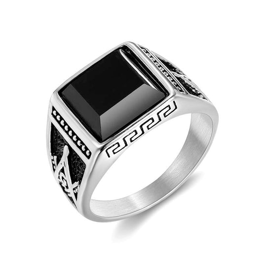 Elegant Black Stone Geometric Silver Ring – Premium Men's Statement Ring