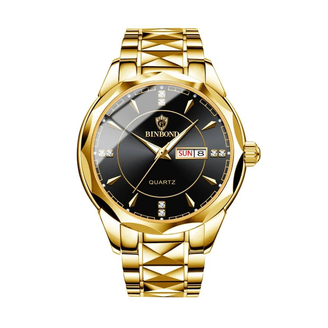 BINBOND Men’s Luxury Quartz Watch – Full Gold with Black Dial