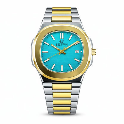 BEST WIN Luxury Two-Tone Stainless Steel Quartz Watch – Blue Dial (Men)