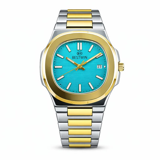 BEST WIN Luxury Two-Tone Stainless Steel Quartz Watch – Blue Dial (Men)