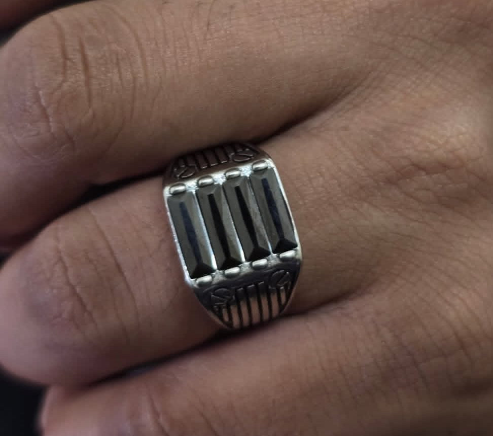 Triple Black Stone Silver Ring – Bold Men's Luxury Statement Band